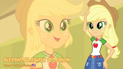 Size: 3410x1920 | Tagged: safe, artist:edy_january, artist:twilirity, edit, edited screencap, screencap, applejack, human, equestria girls, g4, alternate name, applejack's hat, cowboy hat, female, geode of super strength, hand on hip, hat, magical geodes, smiling, solo, tip of the hat, vector used