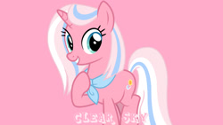 Size: 1920x1080 | Tagged: safe, artist:cheezedoodle96, edit, editor:jaredking779, clear sky, pony, unicorn, g4, female, hoof on chest, mare, neckerchief, pink background, simple background, solo