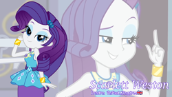 Size: 3410x1920 | Tagged: safe, artist:edy_january, artist:twilirity, edit, edited screencap, screencap, rarity, human, equestria girls, g4, alternate name, bedroom eyes, bracelet, clothes, dress, eyeshadow, female, geode of shielding, jewelry, looking at you, magical geodes, makeup, rarity peplum dress, smiling, smiling at you, solo, vector used