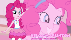 Size: 3410x1920 | Tagged: safe, artist:edy_january, artist:twilirity, edit, edited screencap, screencap, pinkie pie, human, equestria girls, g4, alternate name, big smile, clothes, geode of sugar bombs, hairband, looking at you, magical geodes, skirt, smiling, smiling at you, solo, vector used, waving, waving at you