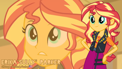 Size: 3410x1920 | Tagged: safe, artist:edy_january, artist:twilirity, edit, edited screencap, screencap, sunset shimmer, human, equestria girls, g4, alternate name, clothes, female, frown, geode of empathy, hand on hip, leather, leather vest, magical geodes, skirt, smiling, solo, spiked vest, vector used, vest