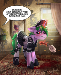 Size: 2412x2961 | Tagged: safe, artist:helmie-art, oc, oc only, oc:iron sonata, pony, unicorn, fallout equestria, annoyed, clothes, commission, dilapidated, female, gritted teeth, high res, horn, magic, maid, mare, mirror, offscreen character, rug, solo, speech bubble, teeth, telekinesis, unicorn oc, window