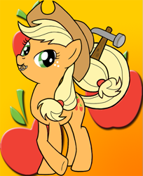 Size: 487x596 | Tagged: safe, artist:lifesharbinger, applejack, g4, apple, food, gradient background, hammer, mouth hold, nails, prehensile tail, solo, tail, tail hold