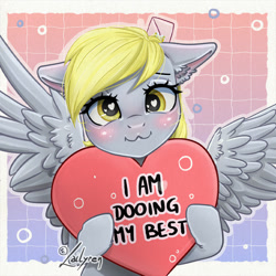 Size: 800x800 | Tagged: safe, artist:lailyren, part of a set, derpy hooves, pegasus, pony, g4, :3, abstract background, blushing, bubble, cute, derpabetes, envelope, female, heart, heart eyes, heart pillow, looking at you, mare, misspelling, pillow, smiling, solo, spread wings, wingding eyes, wings