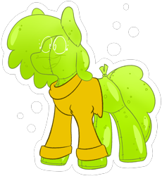 Size: 1450x1575 | Tagged: safe, artist:grandfinaleart, oc, oc only, oc:goop, goo, goo pony, original species, bag, clothes, digital art, female, latex, mare, mare oc, plastic bag, simple background, slime, smiling, solo, sweater, transparent background