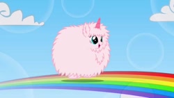 Size: 1280x720 | Tagged: safe, artist:mixermike622, oc, oc only, oc:fluffle puff, pony, unicorn, pink fluffy unicorns dancing on rainbows, g4, 2013, artifact, brony history, cloud, cute, fake horn, female, fluffle puff tales, flufflebetes, horn, link in description, mare, nostalgia, ocbetes, open mouth, open smile, rainbow, sky, smiling, solo, unicorn oc, youtube link, youtube thumbnail