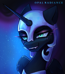 Size: 2651x2982 | Tagged: safe, artist:opal_radiance, nightmare moon, pony, unicorn, g4, ethereal mane, eyebrows, female, folded wings, grin, helmet, high res, kofi, mare, peytral, smiling, solo, starry mane, wings