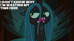 Size: 2000x1125 | Tagged: safe, edit, edited screencap, editor:quoterific, screencap, queen chrysalis, changeling, changeling queen, frenemies (episode), g4, annoyed, fangs, female, insect wings, irritated, open mouth, queen chrysalis is not amused, reaction image, solo, spread wings, unamused, wings