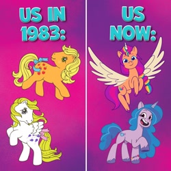 Size: 1080x1080 | Tagged: safe, applejack (g1), izzy moonbow, sunny starscout, surprise, alicorn, earth pony, pegasus, pony, unicorn, g1, g5, my little pony: tell your tale, official, 40th anniversary, evolution, female, flying, mane stripe sunny, mare, open mouth, open smile, race swap, smiling, spread wings, sunnycorn, text, wings