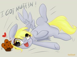 Size: 4096x3072 | Tagged: safe, artist:twiliset, derpy hooves, pegasus, pony, g4, cute, cute face, food, happy, heart, marching, muffin, open mouth, rush, simple background, solo, spread wings, that pony sure does love muffins, touching, wings