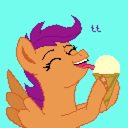 Size: 2048x2048 | Tagged: safe, artist:lukasz, scootaloo, pegasus, pony, g4, blue background, eating, eyes closed, female, food, high res, ice cream, pixel art, simple background, solo, wings