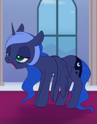 Size: 1620x2070 | Tagged: safe, artist:dusthiel, princess luna, alicorn, pony, g4, atg 2023, bags under eyes, female, lidded eyes, mare, missing accessory, newbie artist training grounds, open mouth, solo, tired, window, yawn
