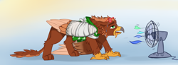 Size: 4422x1629 | Tagged: safe, artist:rutkotka, oc, oc only, oc:pavlos, griffon, bandage, beak, broken bone, broken wing, cast, claws, clothes, colored wings, eared griffon, fan, gradient background, griffon oc, hawaiian shirt, hot, injured, leg fluff, one wing out, panting, shirt, sling, solo, sunglasses, sweat, wing fluff, wings