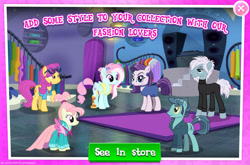 Size: 1960x1297 | Tagged: safe, gameloft, idw, chic soirée, kerfuffle, prim trim, pursey pink, earth pony, pegasus, pony, g4, my little pony: magic princess, advertisement, amputee, background character, background pony, clothes, collection, dress, ear piercing, earring, english, facial hair, female, folded wings, glasses, goatee, group, idw showified, jewelry, male, mare, mobile game, piercing, prosthetic leg, prosthetic limb, prosthetics, shirt, stallion, sweater, text, twirly tulip, unnamed character, unnamed pony, wings