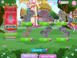 Size: 2048x1536 | Tagged: safe, gameloft, applejack, fluttershy, pinkie pie, rainbow dash, rarity, spike, twilight sparkle, dragon, earth pony, pegasus, pony, unicorn, g4, my little pony: magic princess, claws, clothes, coin, collection, costs real money, costume, english, female, filly, filly applejack, filly fluttershy, filly pinkie pie, filly rainbow dash, filly rarity, filly twilight sparkle, foal, folded wings, gem, group, horn, male, mane six, mare, mobile game, numbers, spread wings, text, timer, wings, younger