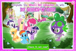 Size: 1960x1301 | Tagged: safe, gameloft, applejack, fluttershy, pinkie pie, rainbow dash, rarity, spike, twilight sparkle, dragon, earth pony, pegasus, pony, unicorn, g4, my little pony: magic princess, advertisement, claws, clothes, collection, costume, dj scales and tail, english, female, filly, filly applejack, filly fluttershy, filly pinkie pie, filly rainbow dash, filly rarity, filly twilight sparkle, foal, folded wings, group, horn, male, mane six, mare, mobile game, spread wings, text, wings, younger