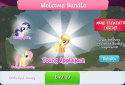 Size: 1269x861 | Tagged: safe, gameloft, applejack, fluttershy, rarity, earth pony, pegasus, pony, unicorn, g4, my little pony: magic princess, bundle, collection, costs real money, english, female, filly, filly applejack, filly fluttershy, filly rarity, foal, folded wings, group, horn, mare, mobile game, numbers, text, wings, younger
