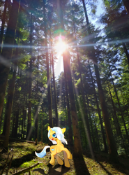 Size: 1516x2048 | Tagged: safe, artist:miwq, derpibooru exclusive, oc, oc:aurore soleilevant, pony, unicorn, forest, irl, light, looking at you, orange coat, photo, ponies in real life, solo, tree