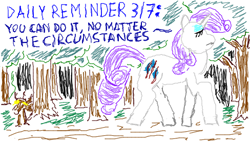 Size: 488x277 | Tagged: safe, artist:makise_homura, derpibooru exclusive, rarity, pony, timber wolf, unicorn, fanfic:the enchanted library, g4, 1000 hours in ms paint, daily reminder, everfree forest, forest, motivational, sad, solo, walking