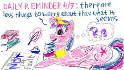 Size: 488x277 | Tagged: safe, artist:makise_homura, derpibooru exclusive, twilight sparkle, alicorn, pony, fanfic:the enchanted library, g4, 1000 hours in ms paint, book, crown, daily reminder, implied rarity, jewelry, motivational, quill, regalia, simple background, thought bubble, white background, writing