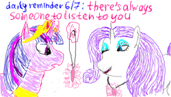 Size: 488x277 | Tagged: safe, artist:makise_homura, derpibooru exclusive, rarity, twilight sparkle, alicorn, pony, unicorn, fanfic:the enchanted library, g4, 1000 hours in ms paint, crown, daily reminder, embarrassed, jewelry, motivational, necklace, pendant, regalia, simple background, smiling, white background