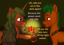 Size: 1534x1080 | Tagged: safe, artist:red4567, hitch trailblazer, izzy moonbow, earth pony, pony, unicorn, g5, 3d, atg 2023, candelabra, candle, candlelight, coat markings, dark, dialogue, duo, female, hoof heart, hoof hold, mare, newbie artist training grounds, socks (coat markings), source filmmaker, unamused, underhoof, unshorn fetlocks, upside-down hoof heart