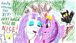Size: 488x277 | Tagged: safe, artist:makise_homura, derpibooru exclusive, rarity, twilight sparkle, oc, oc:elara, oc:themis, alicorn, pony, unicorn, fanfic:the enchanted library, g4, 1000 hours in ms paint, clinging, crown, daily reminder, forest, golden oaks library, happy, jewelry, motivational, necklace, pendant, regalia, shipping, twilight sparkle (alicorn)