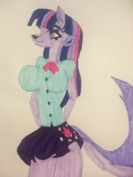 Size: 1536x2048 | Tagged: safe, artist:carlos324, twilight sparkle, demon, hellhound, anthro, g4, breasts, busty twilight sparkle, clothes, equestria girls outfit, hazbin hotel, hellaverse, hellborn, helluva boss, marker drawing, solo, species swap, traditional art