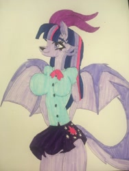 Size: 1536x2048 | Tagged: safe, artist:carlos324, twilight sparkle, demon, hellhound, anthro, g4, breasts, busty twilight sparkle, clothes, demon horns, demon wings, equestria girls outfit, hazbin hotel, hellaverse, hellborn, helluva boss, horns, marker drawing, solo, species swap, traditional art, wings