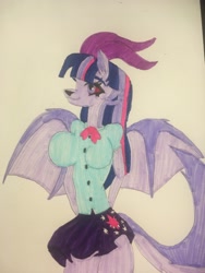 Size: 1536x2048 | Tagged: safe, artist:carlos324, twilight sparkle, demon, hellhound, anthro, g4, breasts, busty twilight sparkle, clothes, demon horns, demon wings, drawing, equestria girls outfit, hazbin hotel, hellaverse, hellborn, helluva boss, horns, marker drawing, red eyes, solo, species swap, traditional art, wings