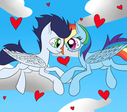 Size: 948x843 | Tagged: safe, artist:yourfavoritelove, rainbow dash, soarin', pegasus, pony, g4, cloud, female, heart, looking at each other, looking at someone, male, mare, ship:soarindash, shipping, sky, smiling, smiling at each other, stallion, straight
