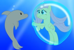 Size: 1036x698 | Tagged: safe, artist:bladedragoon7575, fluttershy, dolphin, pegasus, pony, g4, bubble, crepuscular rays, cute, duo, female, fluttershy trapped in a bubble, holding breath, in bubble, mare, ocean, shyabetes, sunlight, underwater, water