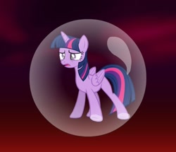 Size: 838x720 | Tagged: safe, twilight sparkle, alicorn, pony, g4, twilight's kingdom, alternate universe, bubble, dark sky, in bubble, sad, solo, storm, stormcloud, twilight sparkle (alicorn)