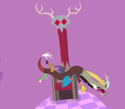 Size: 465x408 | Tagged: safe, screencap, discord, draconequus, g4, princess twilight sparkle (episode), chair, chaos, discorded landscape, male, open mouth, solo, throne