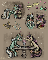 Size: 2160x2700 | Tagged: safe, artist:deidad dissitum, bon bon, lyra heartstrings, sweetie drops, earth pony, pony, unicorn, g4, blushing, drink, duo, duo female, female, flower, high res, lesbian, married couple, redesign, romance, rose, ship:lyrabon, shipping, smooch, smoothie