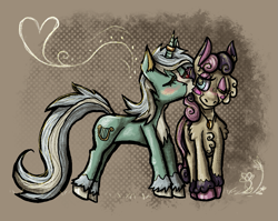 Size: 1021x813 | Tagged: safe, artist:deidad dissitum, bon bon, lyra heartstrings, sweetie drops, earth pony, pony, unicorn, g4, female, lesbian, ship:lyrabon, shipping, smooch