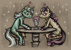 Size: 1125x794 | Tagged: safe, artist:deidad dissitum, bon bon, lyra heartstrings, sweetie drops, earth pony, pony, unicorn, g4, blush sticker, blushing, cheek fluff, colored pinnae, drink, drinking straw, duo, engagement ring, female, heart, horn, horn ring, lesbian, lidded eyes, looking at each other, looking at someone, on pillow, profile, ring, romantic, sharing a drink, ship:lyrabon, shipping, sitting, sitting on pillow, smiling, smoothie, table, unshorn fetlocks