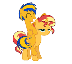 Size: 949x842 | Tagged: safe, artist:mlpfan3991, sunset shimmer, oc, oc:flare spark, pegasus, pony, unicorn, g4, canon x oc, duo, eyes closed, female, lesbian, looking right, ponies riding ponies, riding, ship:flareset, shipping, simple background, sunset shimmer is not amused, transparent background, unamused