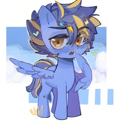 Size: 512x512 | Tagged: safe, artist:panrcillo_jelly, oc, oc only, oc:shining trophy, pegasus, pony, blue mane, chibi, cute, male, male oc, open mouth, sky, solo, stallion, wings, yellow eyes