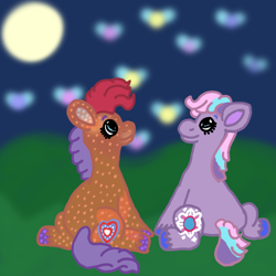 Size: 1200x1200 | Tagged: safe, artist:mintwhistle, tangerine twinkle, twilight twinkle, earth pony, firefly (insect), insect, pony, g3, atg 2023, blurry background, colored hooves, duo, duo female, female, glitter, looking at something, mare, medibang paint, moon, newbie artist training grounds, night, sitting, smiling, translucent, unshorn fetlocks