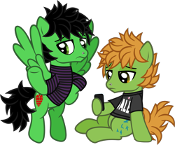 Size: 1611x1331 | Tagged: safe, artist:lightningbolt, derpibooru exclusive, earth pony, pegasus, pony, g4, .svg available, all time low, billie joe armstrong, cellphone, clothes, duo, duo male, flying, frown, green day, hoof hold, hoof on hip, lidded eyes, looking back, looking down, male, nose piercing, phone, piercing, ponified, shirt, show accurate, simple background, sitting, smartphone, spread wings, stallion, striped shirt, svg, t-shirt, transparent background, undershirt, vector, wings, zack merrick