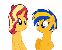 Size: 1001x798 | Tagged: safe, artist:mlpfan3991, sunset shimmer, oc, oc:flare spark, pegasus, pony, unicorn, g4, canon x oc, duo, female, lesbian, ship:flareset, shipping, shipping fuel, simple background, smiling, sunscreen, transparent background