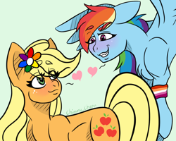 Size: 1280x1024 | Tagged: safe, artist:chimmycherr, applejack, rainbow dash, earth pony, pegasus, pony, g4, chest fluff, female, freckles, green background, human facial structure, human lips, lesbian, lesbian pride flag, mare, pride, pride flag, pride month, ship:appledash, shipping, simple background, smiling, wings