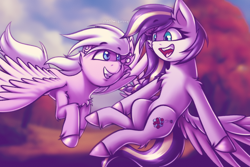 Size: 3000x2000 | Tagged: safe, artist:shad0w-galaxy, oc, oc only, oc:azure serenity, oc:feather spread, pegasus, pony, chest fluff, commission, duo, flying, high res, hooves, looking at each other, looking at someone, open mouth, patreon, patreon reward, smiling, unshorn fetlocks