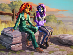 Size: 1200x900 | Tagged: safe, artist:harwick, rarity, sunset shimmer, human, fanfic:what my destiny is telling me, equestria girls, g4, clothes, commission, duo, fanfic art, outdoors, pajamas, sitting, sunrise