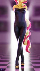 Size: 2160x3840 | Tagged: safe, artist:shadowboltsfm, sunset shimmer, anthro, plantigrade anthro, equestria girls 10th anniversary, g4, 3d, blender, breasts, clothes, female, hands behind back, high heels, high res, jewelry, lipstick, necklace, not sfm, shoes, solo
