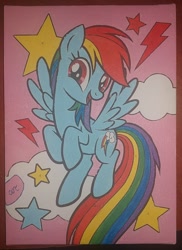 Size: 932x1280 | Tagged: safe, derpibooru exclusive, rainbow dash, pegasus, pony, g4, acrylic painting, female, flying, mare, photo, simple background, solo, traditional art