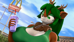 Size: 3840x2160 | Tagged: safe, artist:donglysfm, oc, oc only, oc:tea tree, deer, anthro, 3d, antlers, big breasts, breasts, bucktooth, deer oc, drink, female, grimace shake, high res, huge breasts, impossibly large breasts, mcdonald's, meme, milf, milkshake, neck fluff, non-pony oc, outdoors, revamped anthros, solo, this will end in pain