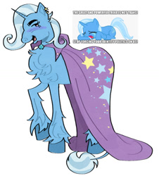 Size: 1104x1219 | Tagged: safe, artist:macintoosh, trixie, pony, unicorn, g4, cape, chest fluff, clothes, ear piercing, earring, female, horn, jewelry, mare, open mouth, open smile, piercing, raised hoof, redesign, simple background, smiling, trans female, trans trixie, transgender, trixie's cape, unshorn fetlocks, white background