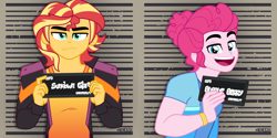 Size: 4000x2000 | Tagged: safe, artist:orin331, pinkie pie, sunset shimmer, human, equestria girls, equestria girls specials, g4, my little pony equestria girls: better together, my little pony equestria girls: sunset's backstage pass, barbie, barbie (film), barbie mugshot meme, bubble berry, clothes, duo, duo male, equestria guys, male, meme, mugshot, rule 63, sunset glare